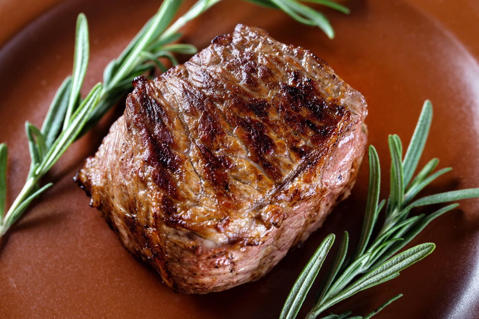 Piece of juicy roast meat with rosemary on a clay plate. The concept of natural food.