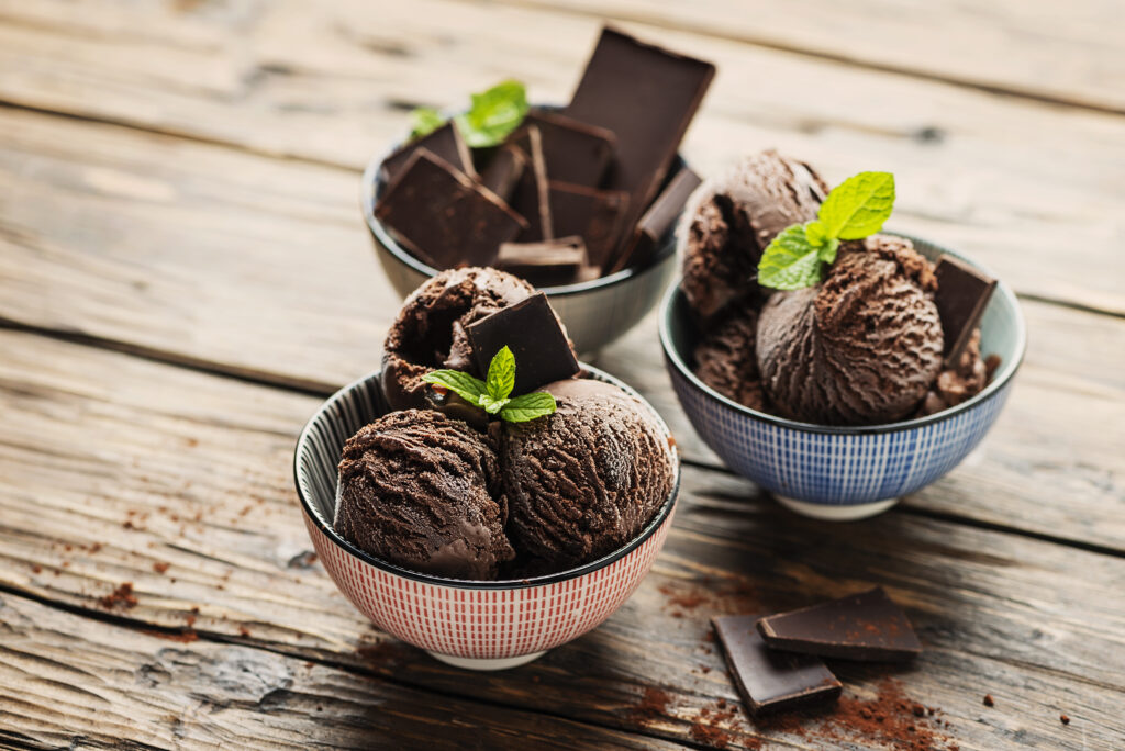 Chocolate ice-cream with mint in the ceramic bowl, rustic style and selective focus image